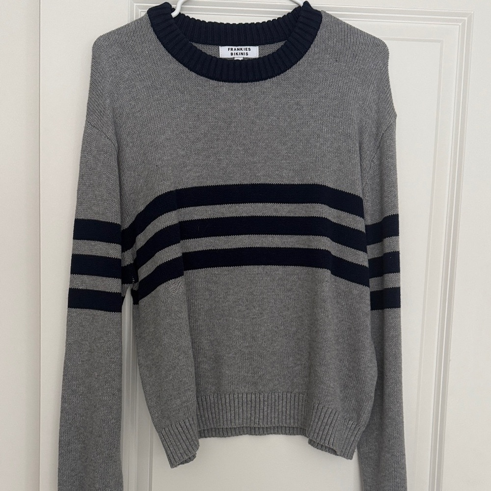 Frankie's Bikinis Grey Sweater with Navy Stripes